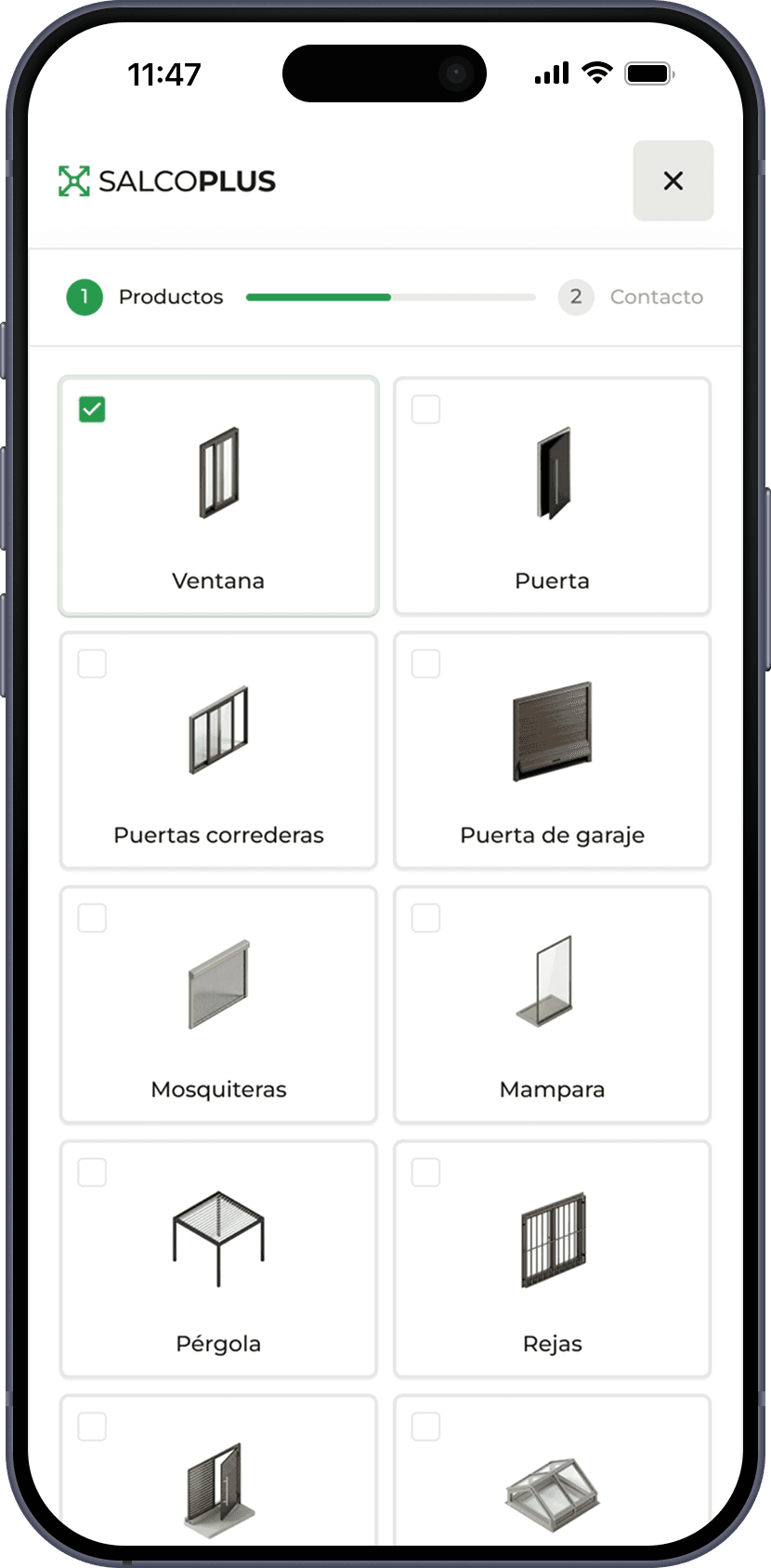 SALCOPLUS product configurator shown inside an iPhone mockup